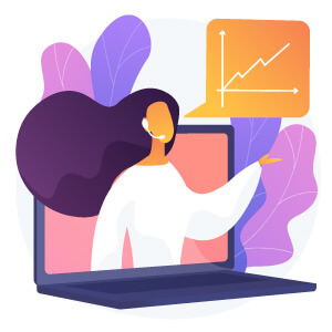 Illustration of woman coming out of a lap top speaking of growth chart